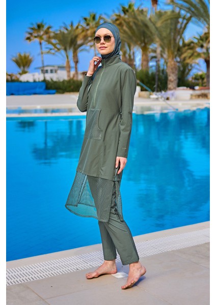 Haki Tam Kapalı Mayo M2508-3 – Tül Detaylı, Sabitlemeli M2508-3 modelleri