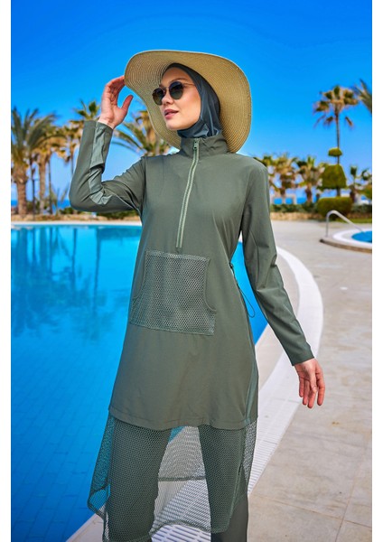 Haki Tam Kapalı Mayo M2508-3 – Tül Detaylı, Sabitlemeli M2508-3 fırsatları