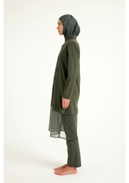 Haki Tam Kapalı Mayo M2508-3 – Tül Detaylı, Sabitlemeli M2508-3