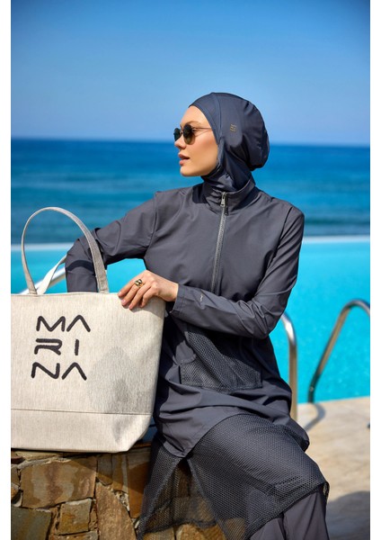 Füme Tam Kapalı Mayo M2508-4 – Tül Detaylı, Cepli, Sabitlemeli M2508-4