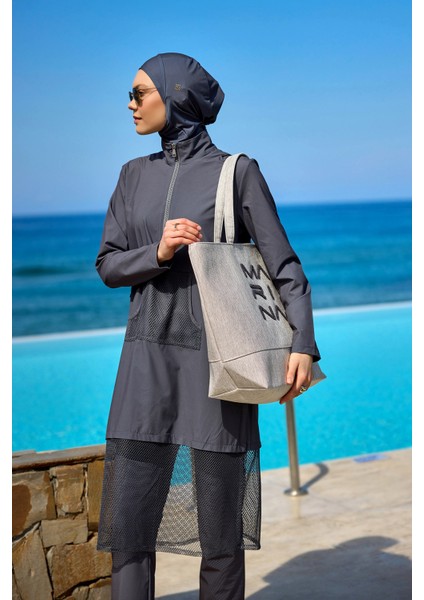 Füme Tam Kapalı Mayo M2508-4 – Tül Detaylı, Cepli, Sabitlemeli M2508-4 modelleri