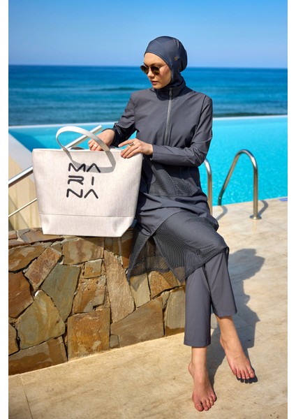 Füme Tam Kapalı Mayo M2508-4 – Tül Detaylı, Cepli, Sabitlemeli M2508-4 fırsatları