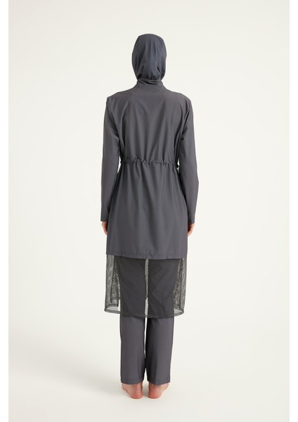 Füme Tam Kapalı Mayo M2508-4 – Tül Detaylı, Cepli, Sabitlemeli M2508-4