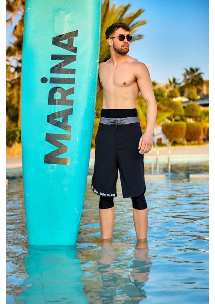 Siyah Erkek Tesettür Yüzme Şortu - Iç Taytlı, UPF50+ Korumalı S2504-1 fiyatları