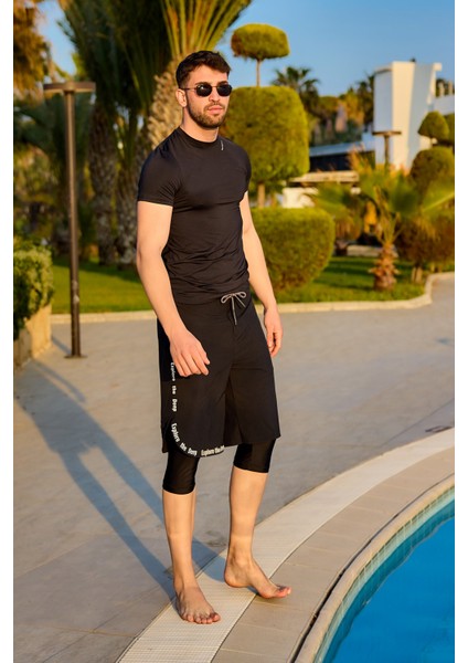 Siyah Erkek Tesettür Yüzme Şortu - Iç Taytlı, UPF50+ Korumalı S2504-1 modelleri
