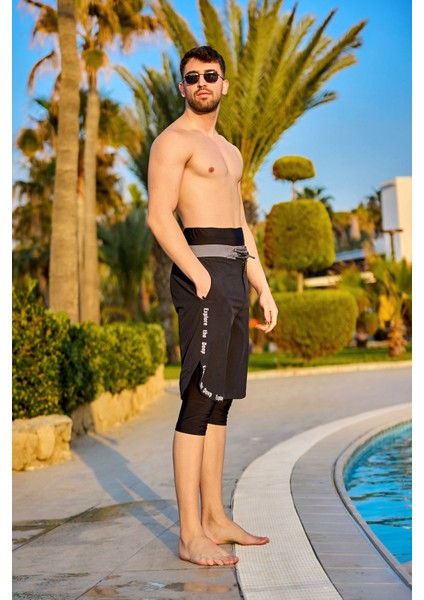 Siyah Erkek Tesettür Yüzme Şortu - Iç Taytlı, UPF50+ Korumalı S2504-1 fırsatları