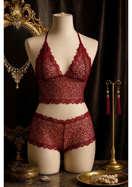 Kadın Bordo Dantel Bralet Şort Takımı – Asil ve Sofistike Iç Giyim fiyatları