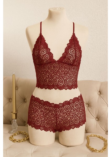 Kadın Bordo Dantel Bralet Şort Takımı – Asil ve Sofistike Iç Giyim modelleri