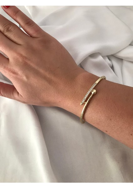 Paslanmaz Çelik ikili görünümlü kuyumcu model gold taşlı parlak kelepçe bilezik