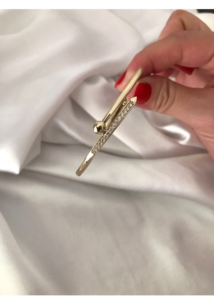 Paslanmaz Çelik ikili görünümlü kuyumcu model gold taşlı parlak kelepçe bilezik