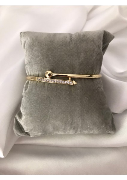 Paslanmaz Çelik ikili görünümlü kuyumcu model gold taşlı parlak kelepçe bilezik