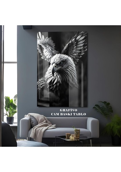 Uçan Kartal Cam Tablo – Takım Temalı 3D Kartal Kanat Açan Tasarım, Siyah Beyaz Modern Ev Dekoru