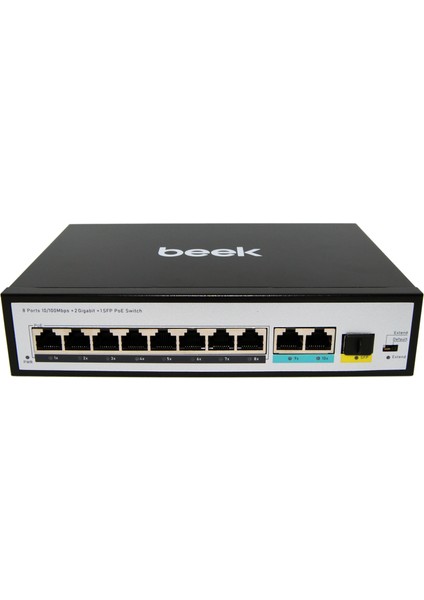 Beek Yönetilemeyen Poe+ Switch&lt;br&gt; 8 x 10/100BASE-T IEEE802.3AF/AT Poe+ Port (Port Başına 30.8 Watt) (Poe Güç Bütçesi Maks. 120 Watt)&lt;br&gt; 2 x 10/100/1000BASE-T Port (Combo)&lt;br&gt; 1 x 1