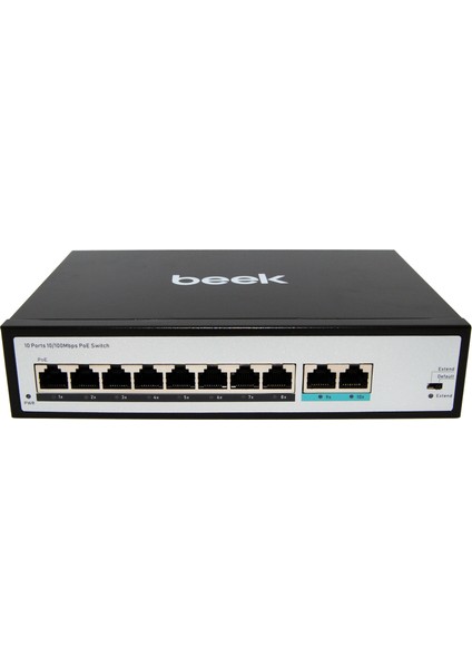 Beek Yönetilemeyen Poe+ Switch&lt;br&gt; 8 x 10/100MBPS IEEE802.3AF/AT Poe+ Port (Port Başına 30.8 Watt) (Poe Güç Bütçesi Maks. 120 Watt)&lt;br&gt; 2 x 10/100BASE-T Port&lt;br&gt; 4kv Esd&lt;br&gt; be