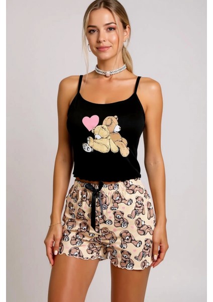 Renkli Ayıcık Desenli Askılı Şortlu Kadın Pijama Takımı modelleri
