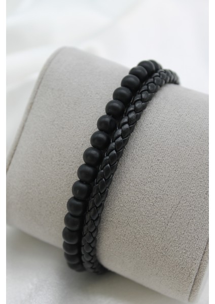 Çelik Kilitli Ikili Görünümlü Oniks Doğaltaşlı Örgü Model Erkek Deri Bileklik