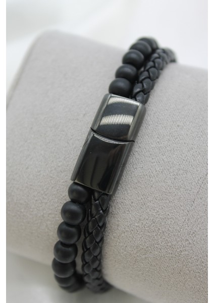 Çelik Kilitli Ikili Görünümlü Oniks Doğaltaşlı Örgü Model Erkek Deri Bileklik fiyatları