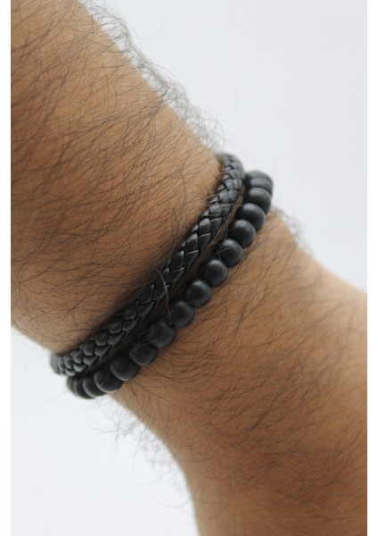 Çelik Kilitli Ikili Görünümlü Oniks Doğaltaşlı Örgü Model Erkek Deri Bileklik modelleri