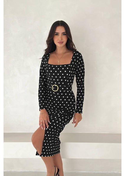 Kadın Puantiye Desenli Kare Yaka Midi Yırtmaçlı Elbise NBK4319