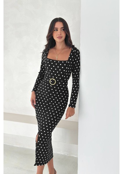 Kadın Puantiye Desenli Kare Yaka Midi Yırtmaçlı Elbise NBK4319 fiyatları