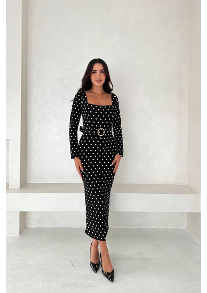 Kadın Puantiye Desenli Kare Yaka Midi Yırtmaçlı Elbise NBK4319 modelleri