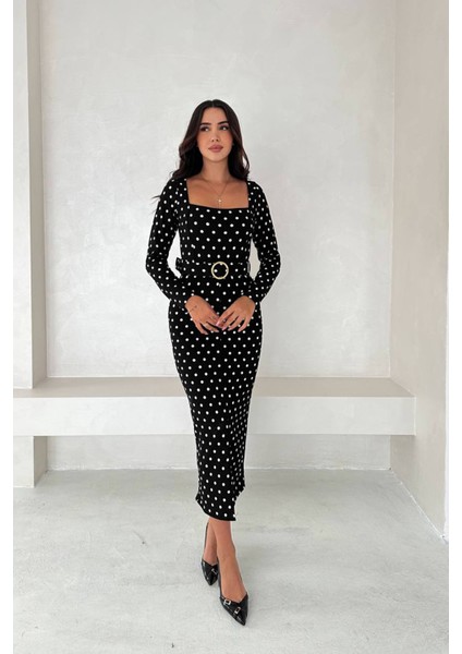 Kadın Puantiye Desenli Kare Yaka Midi Yırtmaçlı Elbise NBK4319 fırsatları