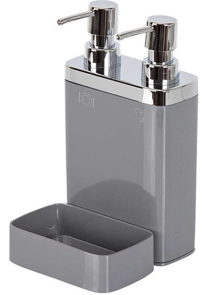 Gri, Sünger Hazneli Mutfak Sıvı Sabunluk (300 ml) ve Bulaşık Deterjanlık, Pompalı (500 ml)