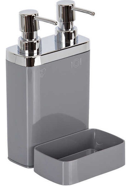 Gri, Sünger Hazneli Mutfak Sıvı Sabunluk (300 ml) ve Bulaşık Deterjanlık, Pompalı (500 ml)