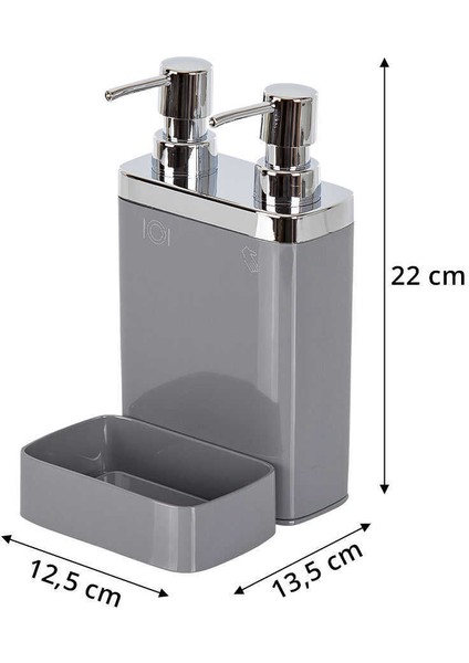 Gri, Sünger Hazneli Mutfak Sıvı Sabunluk (300 ml) ve Bulaşık Deterjanlık, Pompalı (500 ml)