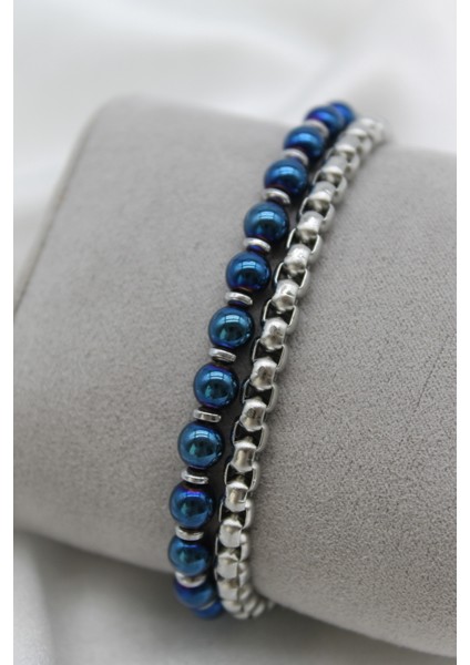 Çelik Kilitli Ikili Görünümlü Mavi ve Gümüş Hematit Taşlı Zincirli Erkek Bileklik