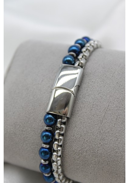 Çelik Kilitli Ikili Görünümlü Mavi ve Gümüş Hematit Taşlı Zincirli Erkek Bileklik fiyatları
