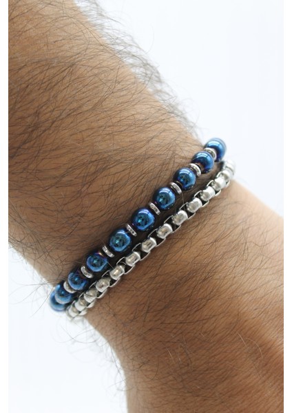 Çelik Kilitli Ikili Görünümlü Mavi ve Gümüş Hematit Taşlı Zincirli Erkek Bileklik modelleri
