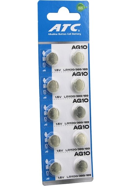 Atc Alkaline Button Battery AG10 LR-1130/389/189 Düğme Pil Alkalin 1.5V 10LU Kart (4989)
