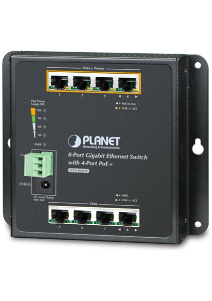 Duvar Tip Yönetilemeyen Poe+ Switch&lt;br&gt; 8-Port 10/100/1000BASE-T (Port-1 ile Port-4 Arası Ieee 802.3AT/AF Poe+ Injector) (Port Başına 30.8 Watt) (Poe Güç Bütçesi Maks. 120 WATT)&LT;BR&GT; IP30,