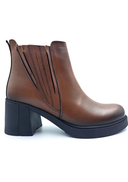 B260829 Hakiki Deri Lastikli 6 cm Kalın Topuklu Taba Kahverengi Kadın Bot