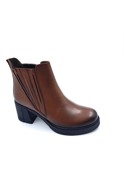 B260829 Hakiki Deri Lastikli 6 cm Kalın Topuklu Taba Kahverengi Kadın Bot modelleri
