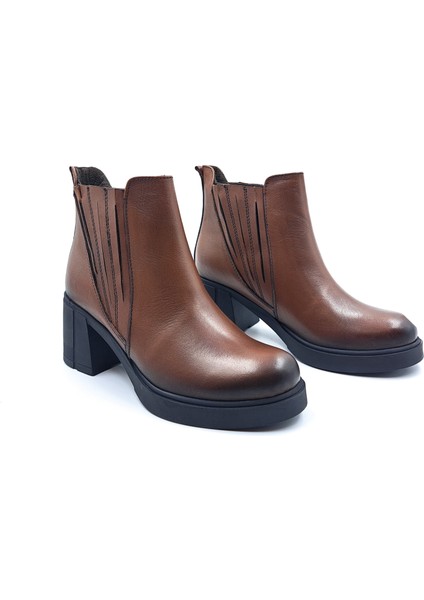 B260829 Hakiki Deri Lastikli 6 cm Kalın Topuklu Taba Kahverengi Kadın Bot fırsatları