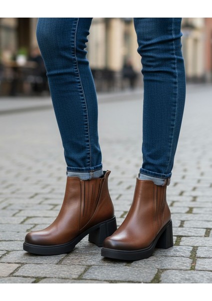 B260829 Hakiki Deri Lastikli 6 cm Kalın Topuklu Taba Kahverengi Kadın Bot indirimleri