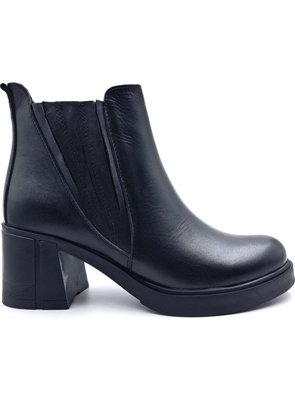 B260829 Hakiki Deri Lastikli 6 cm Kalın Topuklu Taba Siyah Kadın Bot