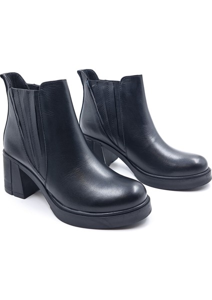 B260829 Hakiki Deri Lastikli 6 cm Kalın Topuklu Taba Siyah Kadın Bot modelleri