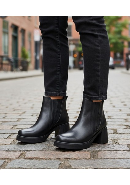 B260829 Hakiki Deri Lastikli 6 cm Kalın Topuklu Taba Siyah Kadın Bot indirimleri