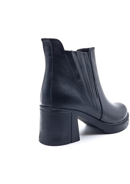 B260829 Hakiki Deri Lastikli 6 cm Kalın Topuklu Taba Siyah Kadın Bot