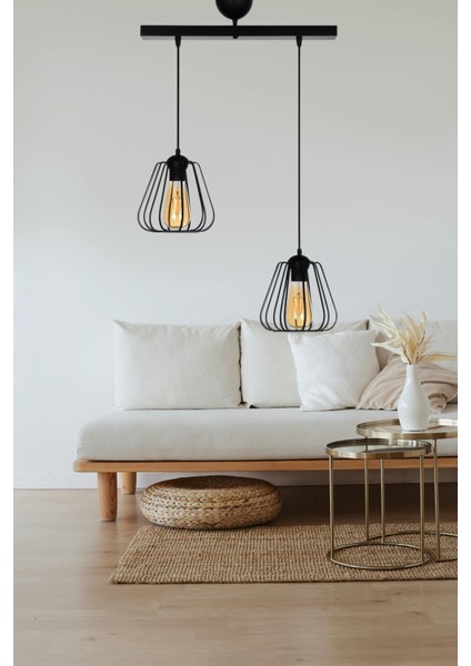 Turna 2’li Modern Sarkıt – Siyah, Metal Tasarım, Rustik Ampule Uyumlu | E27 Duy