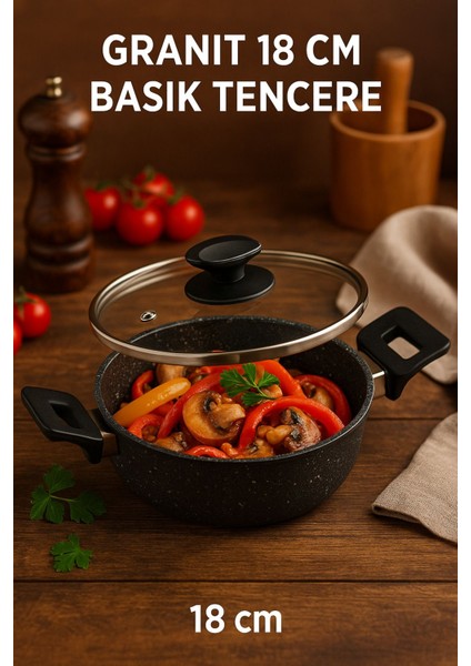 Ekonomik Seri 18 cm Basık Granit Tencere – Yapışmaz Yüzey, Ergonomik Saplı,cam Kapaklı