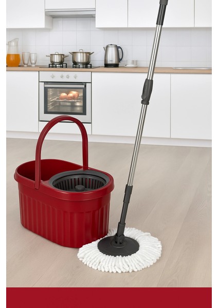 Otomatik Mop Seti Paspas ve Sıkma Kovası, 360° Döner Başlıklı Mikrofiber Yer Temizleme Bordo fiyatları