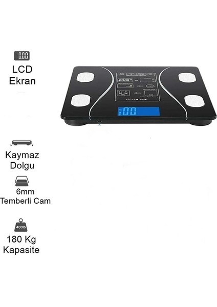 Dijital Tartı Baskül Yağ Su Kas Vücut Kitle Endeksi Kilo Ölçer Tartı Siyah LED Panel
