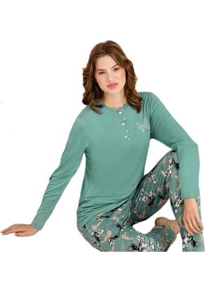 3923 Kadın Kışlık Ön Üç Düğmeli O-Yaka Büyük Beden Pijama Takım