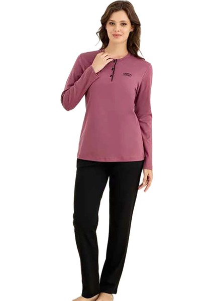 3922 Kadın Kışlık Ön Üç Düğmeli O-Yaka Büyük Beden Pijama Takım