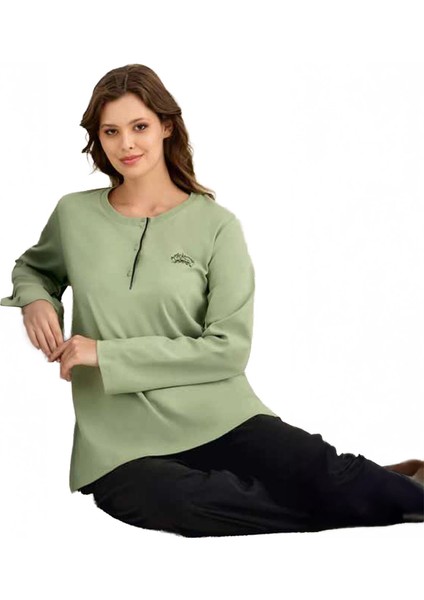 3922 Kadın Kışlık Ön Üç Düğmeli O-Yaka Büyük Beden Pijama Takım