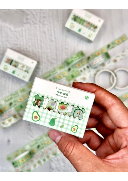 Cute Avocado Yeşil Kareli 4'lü Washi Bant Set Washi Tapemasking Tape Desenli Bant